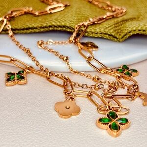 Elegant Gold and Green Lucky Clover Charm Paper Clip Chain Layered Necklace
